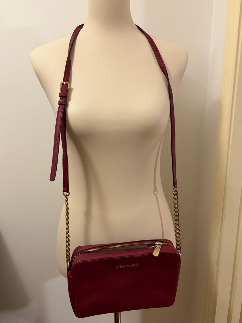Michael Kors Red Leather Crossbody Purse with Gold Chain (Used) - Picture 6 of 11